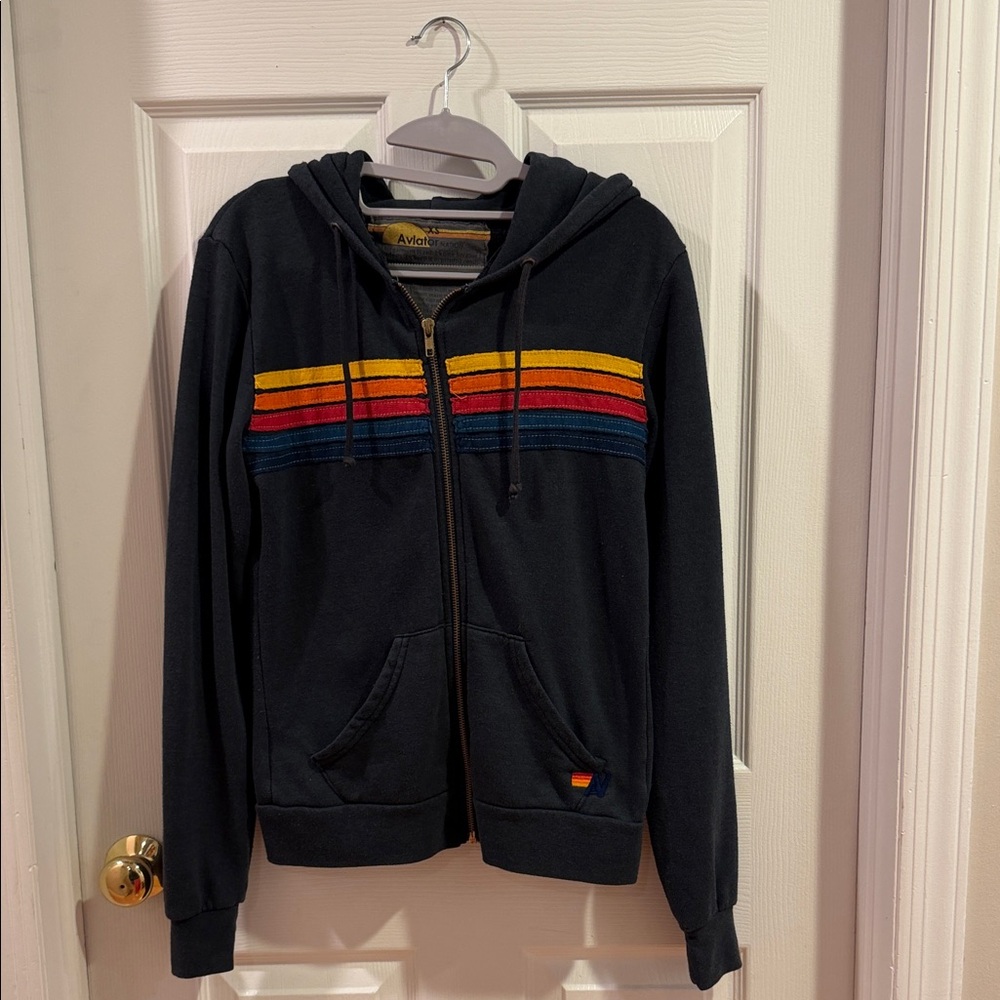 Aviator Nation Dark Hoodie with Colorful Stripes